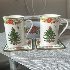 Spode White and Red Dining Mugs